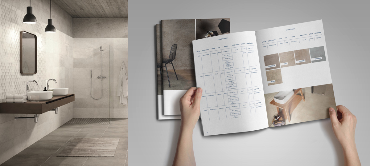 Ansicht eines Badezimmers und Hände beim Blättern der Fliesen-Kompetenz-Broschüre | Fliesenbroschüre | Bauzentrum Zillinger