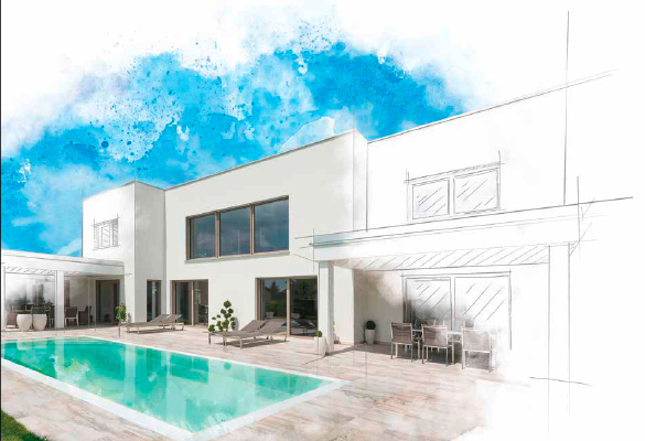 Rendering einer modernen Hausfront, Terrasse und Pool mit Fensterfotos | Katalog Internorm Downloads | Bauzentrum Zillinger