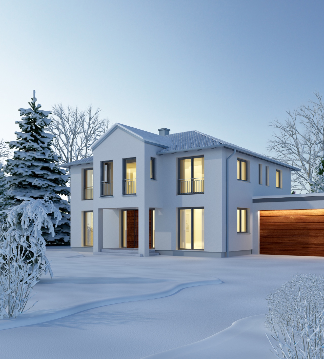 Modernes Haus mit bodentiefen Fenstern bei Winterdämmerung, überall liegt Schnee | Wärmedämmung | Bauzentrum Zillinger