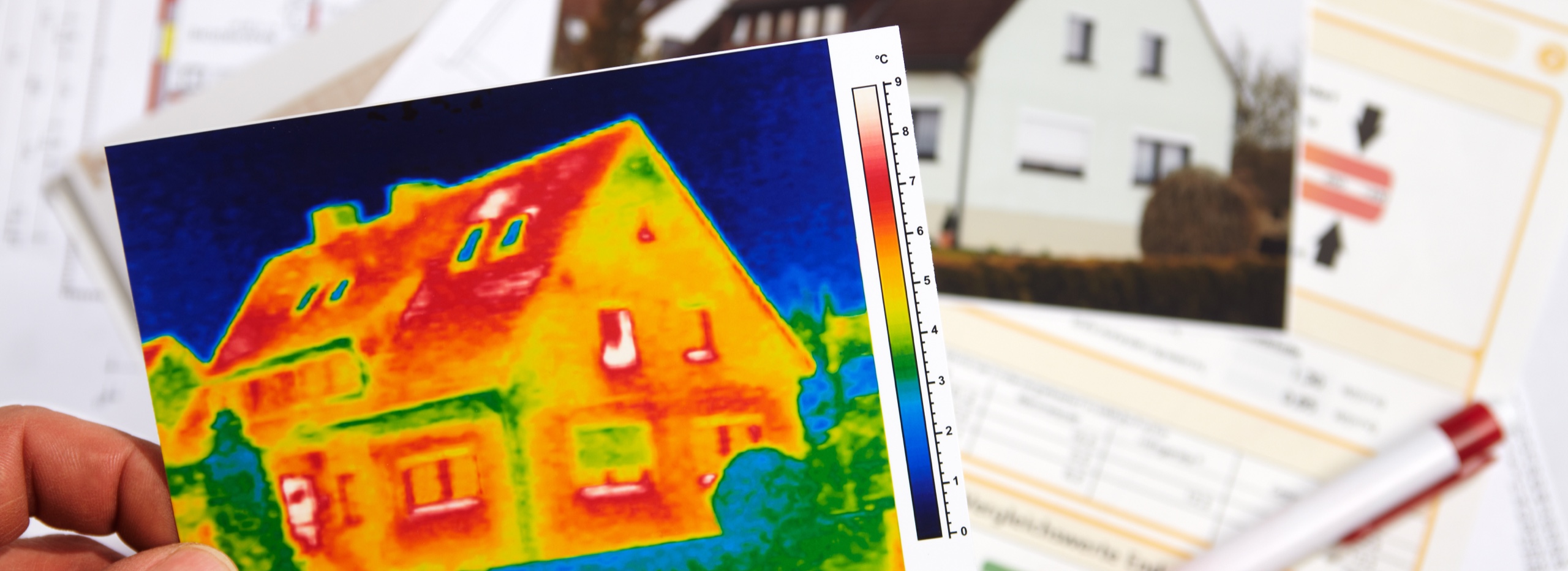 Person hält Bild mit Haus im Wärme-Kälte-Effekt in die Kamera | Wärmedämmung | Bauzentrum Zillinger